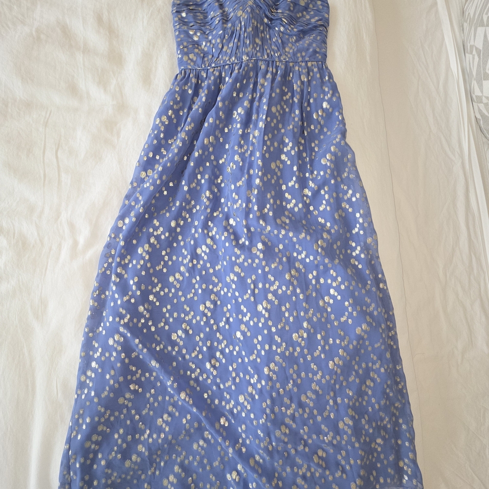 Shoshanna Ruched Blue and Gold Midi Dress